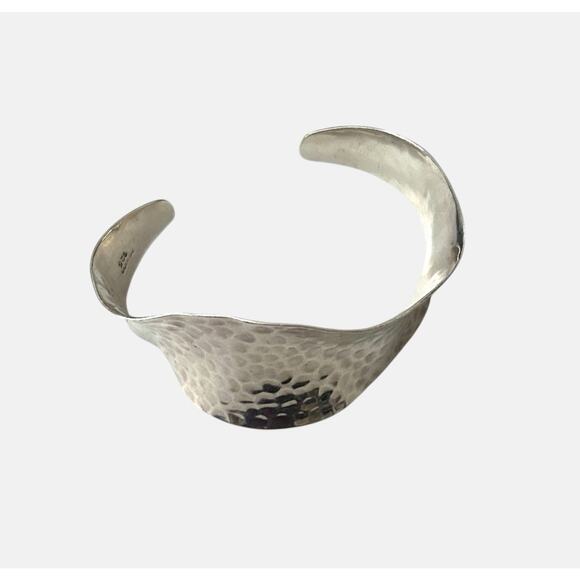 Hammered 925 Silver Bracelet Wave Bone Cuff Raised Wrist Mexico Modernist Boho - Picture 5 of 12